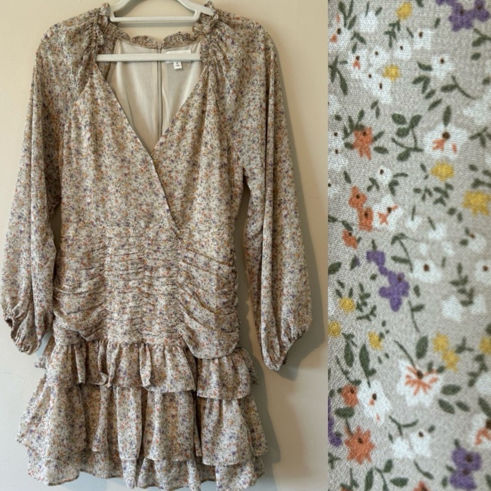 &merci Ballon Sleeve Surplice V-Neck Drop Waist Ruffle Tier Micro Floral Dress S